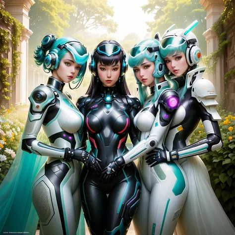 three women in futuristic suits hugging in a garden, The Three Futuristic Princes, futuristic clothing and helmet, Cyber Fashion Photoshoot, rococo cyberpunk, futuristic clothing, Tomas Alen Koper in 80s style, beautiful sci-fi twins, various cyber suits, ...