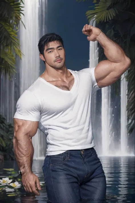 a mature korean male standing by the water, tanned skin, (wear a fitted v-neck t-shirt in navy with a police badge:1.3), navy blue jeans, black gloves, full body shot, shot from below, low angle shot, (handsome and detailed face: 1.5), he raise his arm beh...