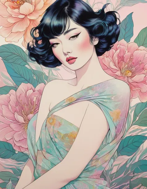 movie poster art for sensual illustration of an elegant , retro and vintage ,silky flower around body, matte painting, by Hannah Dale, by Harumi Hironaka, extremely soft colors, vibrant, pastel, highly detailed, digital artwork, high contrast, dramatic, pr...