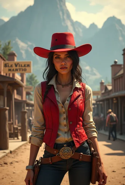 arafed woman in a red vest and hat standing in a town, [ red dead ], red dead redemption 2, red dead redemption2, 4 k wild west, in red dead redemption 2, in red dead redemntion 2, red dead redemption, red dead redemption art style, rdr2, old west, oldwest...