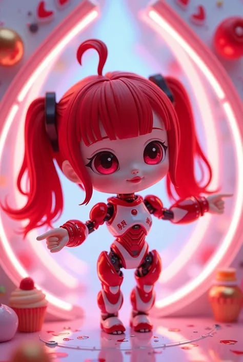 Ultra-high-resolution 3DCG concept art.A tiny android girl is surrounded by a cyberspace holographic interface.、[Ultra Chibi:1.3]、The girl is a red-haired girl with twin tails.、Cute red eyes and lips、Detailed beautiful white realistic skin、From the neck do...