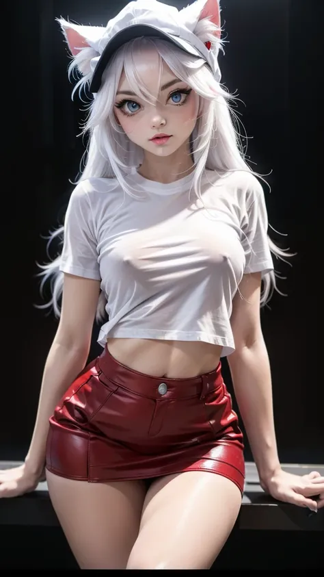 UHD, A beautiful kitten, female cat, with white fur, long white hair, blue eyes, cute face and lustful look, sexy pose, cute red hat, white crop t-shirt, red miniskirt