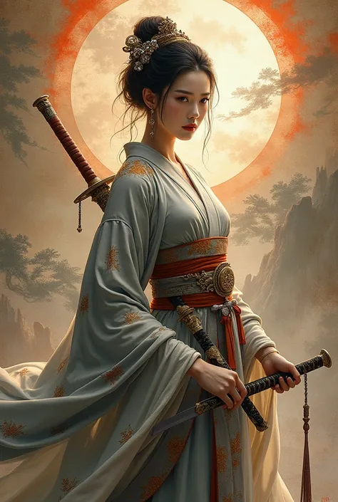 
arafed woman in a kimono with a sword in front of a painting, japanese goddess, a beautiful fantasy empress, chinese empress, japanese fantasy, masayoshi suto and artgerm, inspired by Wang Meng, chinese artist, inspired by Jin Nong, beautiful!!!! museum p...