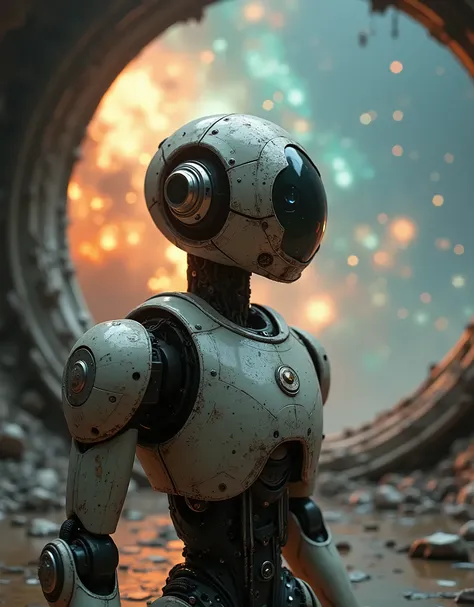 Real life, Photography in portrait mode, A close-up reveals the robot’s worn optic sensors, which reflect the fiery explosion of a distant star. It stands in a decaying celestial observatory, its metal parts covered in a fine layer of stardust. The massive...