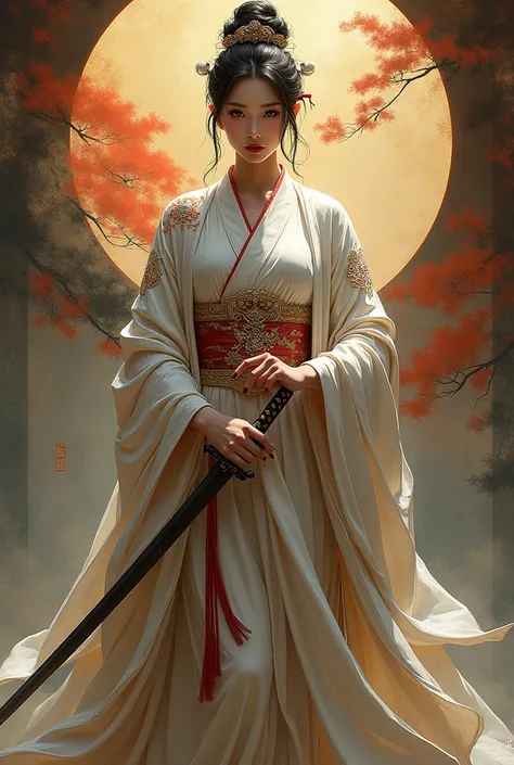 arafed woman in a kimono with a sword in front of a painting, japanese goddess, a beautiful fantasy empress, chinese empress, japanese fantasy, masayoshi suto and artgerm, inspired by Wang Meng, chinese artist, inspired by Jin Nong, beautiful!!!! museum ph...