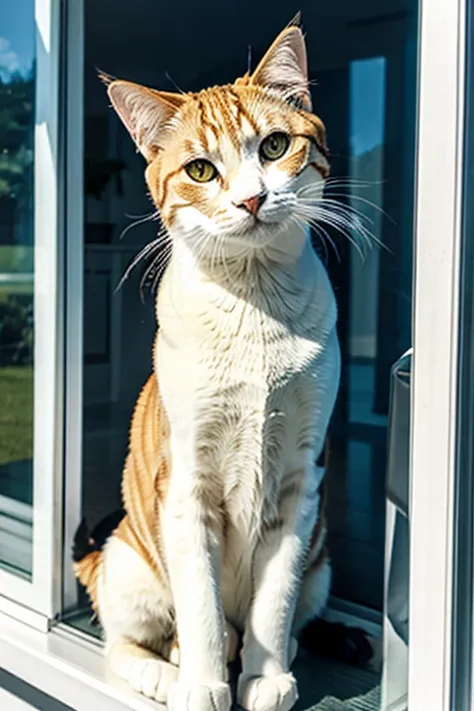 A REAL CAT SITTING ON WINDOW BLACK AND WHITE COLOUR 