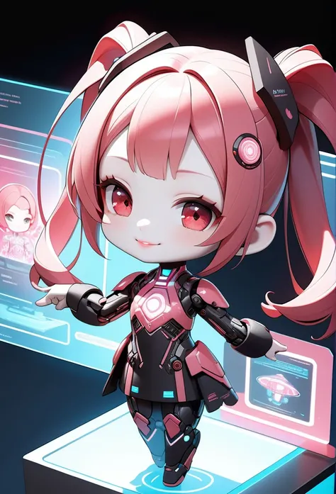 extremely detailed ultra-cute tiny android girl in cyber space holographic interface, hyper petite, redhead twin tails girl, beautiful detailed red eyes and lips, extremely detailed beautiful pale skin, mechanical body from neck down, detailed red and whit...