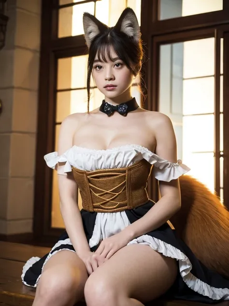 ((Best Quality, 8k)), ((masterpiece)), (Highest Resolution), Perfect Face, Woman with fox ears, Woman with a tail, Beautiful woman, She is a maid, This was taken outside the castle, Only one tail, She has thick thighs, Her big fox tail, I can see her fox t...