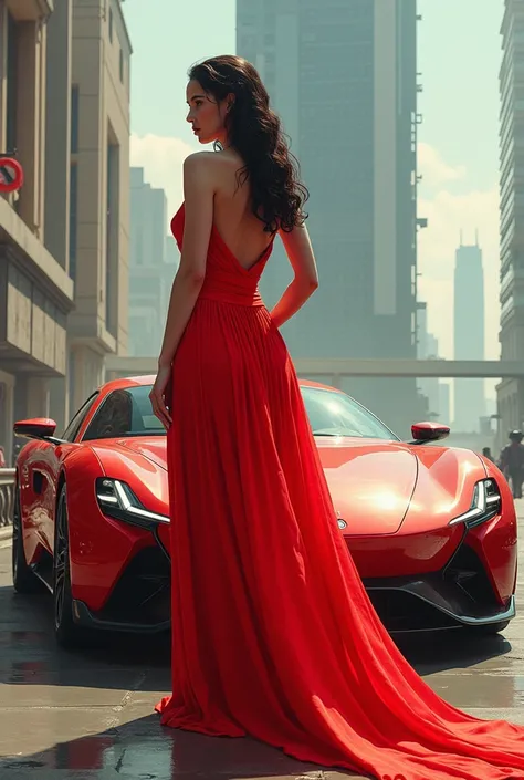 araffe woman in red dress standing next to a sports car on a city street, in a futuristic city, retro futuristic style, inspired by Syd Mead, in style of syd mead, futuristic street, retro futuristic, in cyberpunk city, futuristic dieselpunk street, syd me...