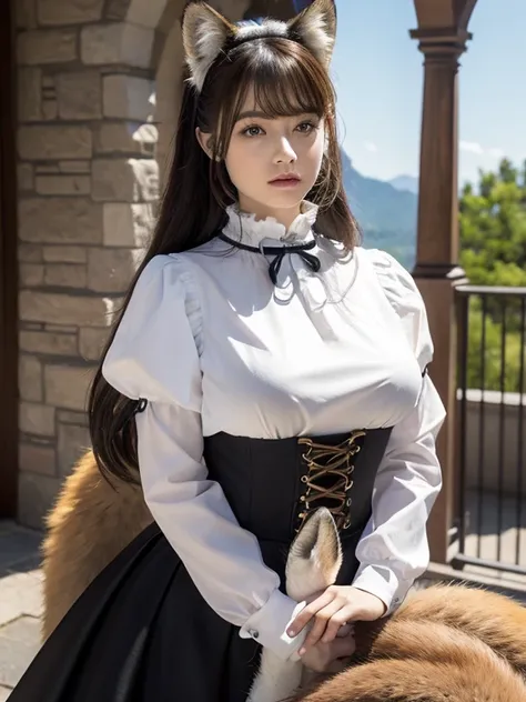 ((Best Quality, 8k)), ((masterpiece)), (Highest Resolution), Perfect Face, Woman with fox ears, Woman with a tail, Beautiful woman, She is a maid, This was taken outside the castle, Only one tail, She has thick thighs, Her big fox tail, I can see her fox t...