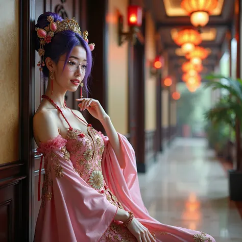 A beautiful Chinese lady in an outrageously kawaii cosplay outfit with intricate patterns and purple hair wig with pretty hair accessories and silk gloves and bracelets and no glasses, leaning against a wall in the hallway of a hotel and posing demurely to...