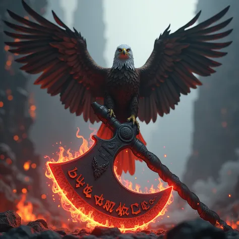 photorealism, videogame, a large eagle with its wings spread out to the sides sits on the handle of a large battle rune axe covered with runic signs and shrouded in crimson flame, on the black ball of the palantir and the ring of omnipotence, in front of t...