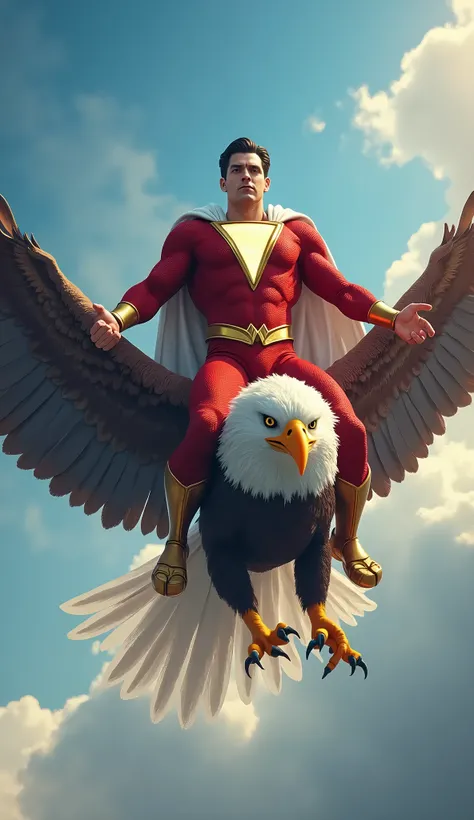 Shazam   is riding a eagle and flying in the sky" face is coming front side