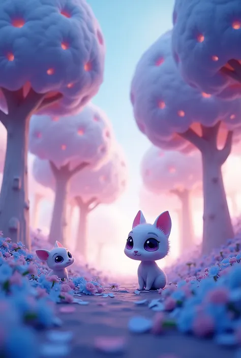 Animation scene in the magic forest. These trees have heart-shaped leaves and pale pink trunks.. The ground is covered with flowers in different shades of blue and purple.. The characters are small, A furry animal with big eyes and pointy ears.. All elemen...