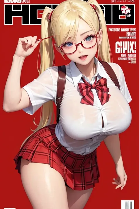 magazine cover, blonde, pigtails, big breasts, sexy pose, white Indonesia high School uniform shirt, red plaid skirt, glasses