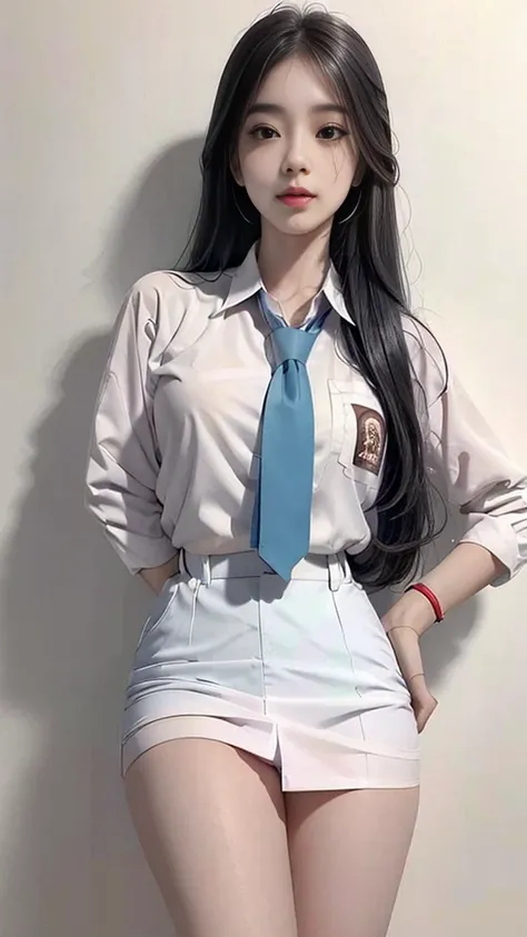 masterpiece, best quality, full body, 1girl, bangs, black choker, black necktie, black hair, blue skirt, blush, bracelet, breasts, choker, clothes around waist, collarbone, collared shirt, cowboy shot, dress shirt, ear piercing, eyebrows visible through ha...