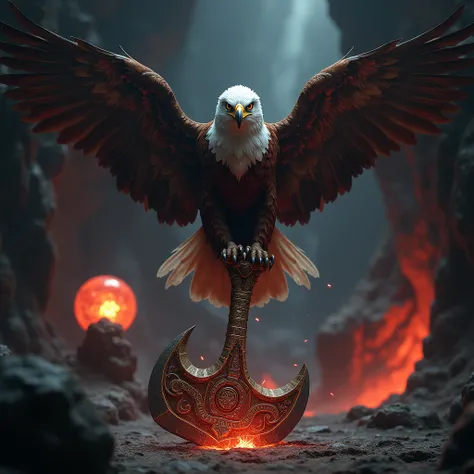 photorealism, videogame, a large eagle with its wings spread out to the sides sits on the handle of a large battle rune axe covered with runic signs and shrouded in crimson flame, against the background of the palantir ball covered with writings and the ri...