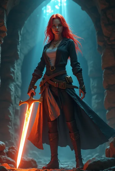 Adventurer girl with Magic Sword red hair, serious face in a Dark dungeon background