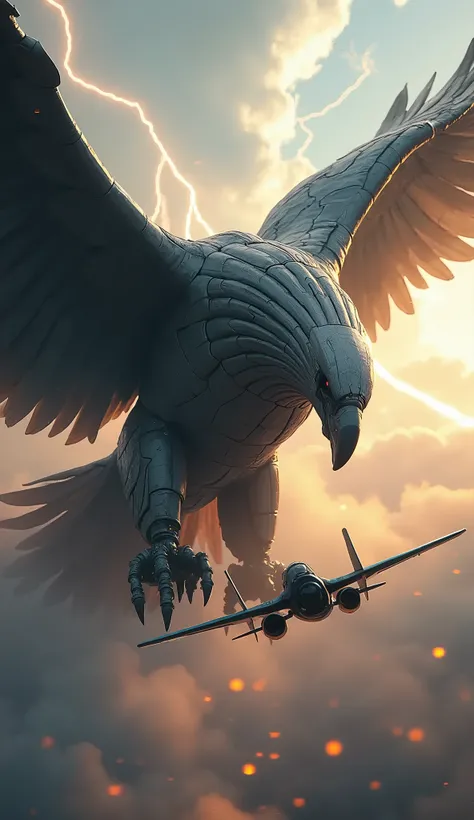 A giant robot Eagle in the sky, epic and scary looking with cinematic style, colorful background, fighting a plane in storm