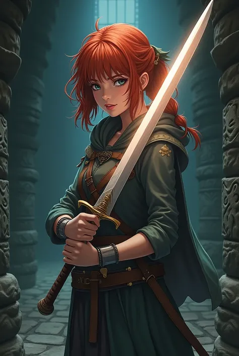 Adventurer girl with Magic Sword red hair, serious face in a Dark dungeon background, anime style