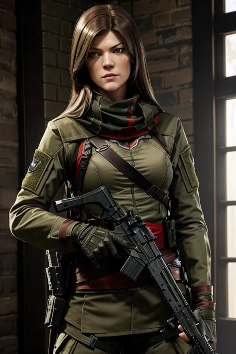 Jennifer Carpenter (in tactical military gear inspired by assassins creed, black hair, fit/muscular build) holding AR-15 rifle. 