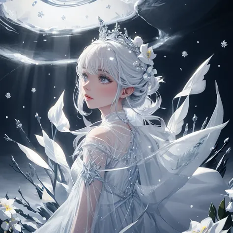 scene、Heavenly Paradise、白いillumination、(Best Quality)、(Cinematic)、8k、(Art Station)、長い白い髪とSilver Eyesをした女性)、(流れるようなWhite sheer dress)、(Beautiful and delicate face)、[Particle Lou Full Moon] [Frozen Tree々] [Landscape Crystal] [illumination] [Ethereal atmosphe...