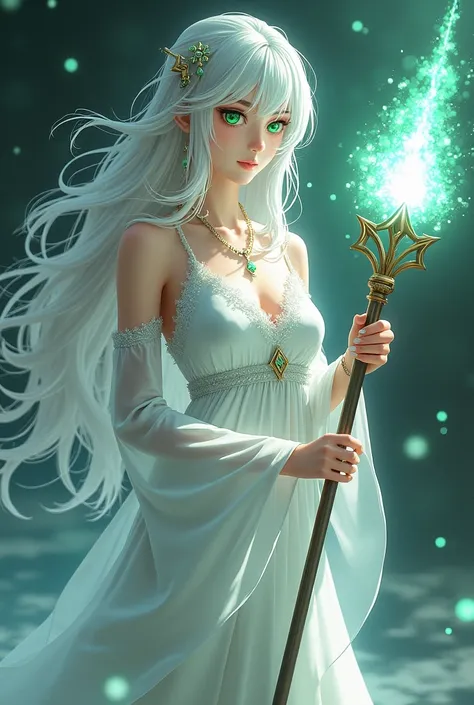 "A beautiful and mysterious woman with long, flowing hair and piercing green eyes, wearing a white dress and carrying a staff that glows with magic." In anime style. 