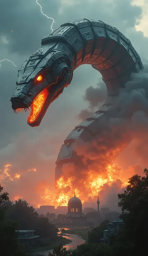 A giant robot Snake, epic and scary looking with cinematic style, colorful background, burning a village in storm, breath fire from mouth