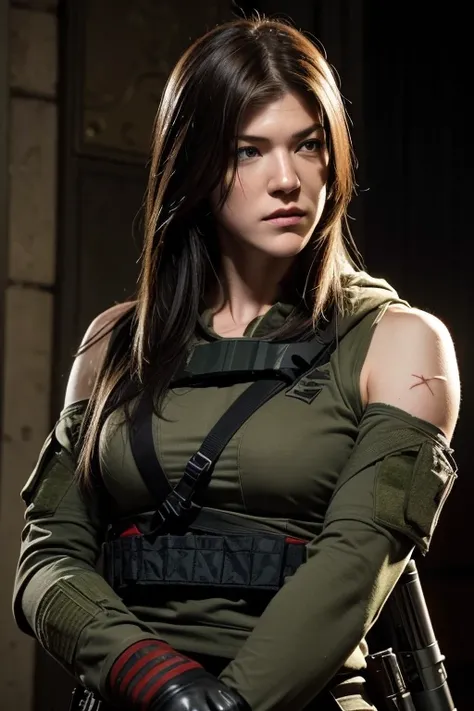 Jennifer Carpenter looks like (in tactical military gear inspired by assassins creed, black hair, fit/muscular arms, healed scar on face) holding AR-15 rifle.
