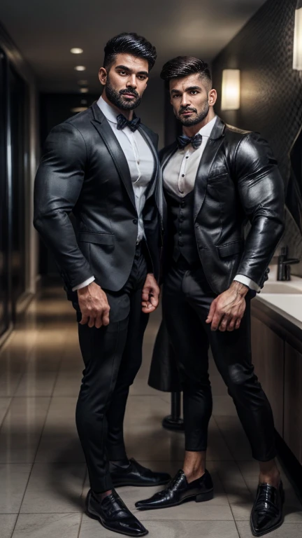 Gay couple doing body play, Full body view, Handsome tall indian daddies in suit, black gloves in hand, formal shoes, socks, handlebar mustache muscular hunk, standing in washroom hall with spreadlegs, masterpiece, hd, HDR, depth of field, hd, hdr, D750F n...