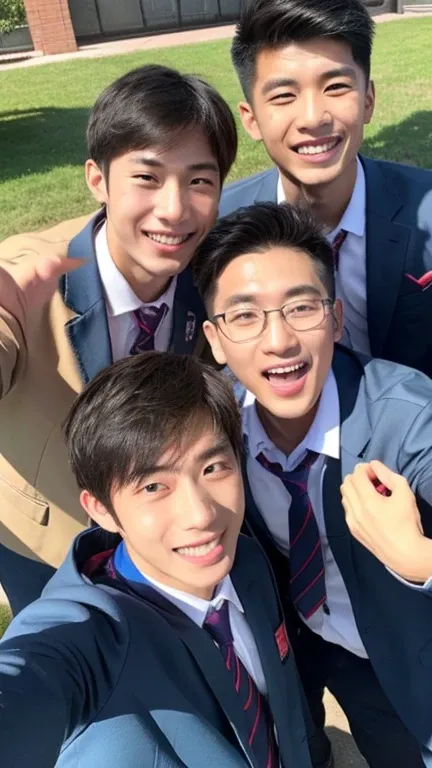 3 male student selfie with 1 male teacher in the middle, selfie shot, happy expression, location in school yard