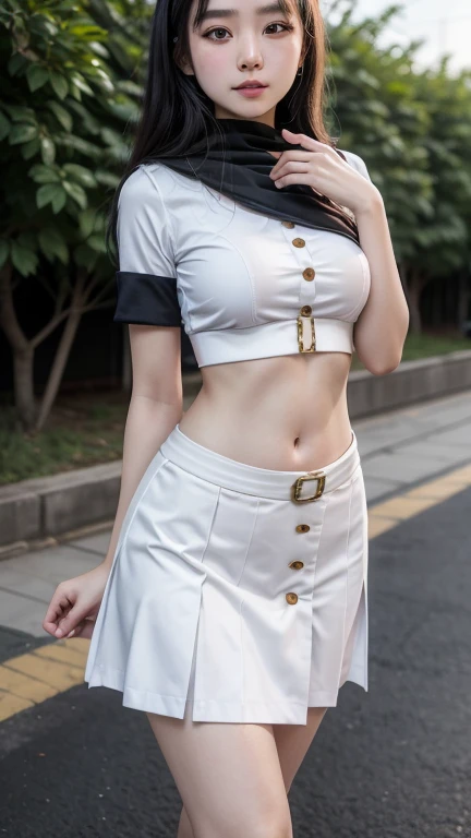 Chinese high school girl wearing a white hijab, thin body, Monday uniform with buttons folded into a crop top, soft tummy, high school Indonesian skirt with a black belt buckle, both hands on the waist ,showing belly dance