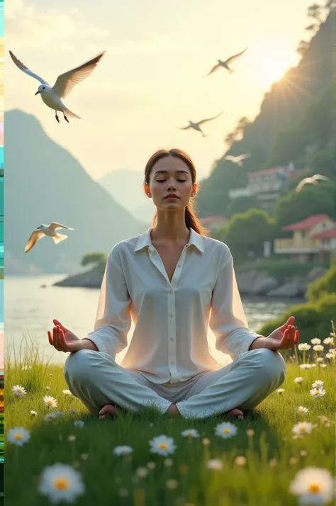 a young woman is meditating amidst beautiful nature. She is dressed in a simple white outfit, consisting of a long-sleeved shirt and loose pants. She is seated in a cross-legged meditation posture on lush green grass. Both of her hands rest on her lap in a...