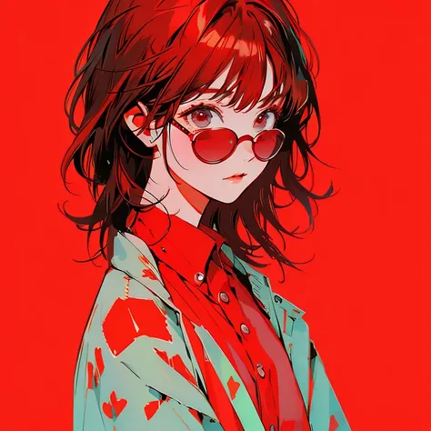 masterpiece, One Girl, Red Hair, Fashionable clothes, Bright red background, Wear sunglasses