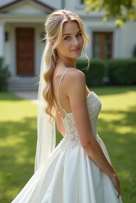 Ultra realistic shot of a upper body portrait of an ultra realistic young blode 20 year old German bride with ponytail, headband, veil, Necklace, smile. She stands playfully in front of the camera in a shiny, Satin A-line wedding dress with straps and long...