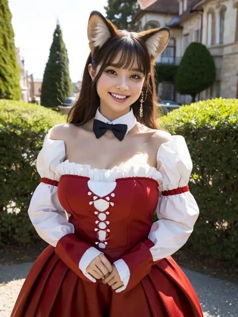 ((Best Quality, 8k)), ((masterpiece)), (Highest Resolution), Perfect Face, Woman with fox ears, Woman with a tail, Beautiful woman, She is a maid, This was taken outside the castle, Only one tail, She has thick thighs, Her big fox tail, I can see her fox t...