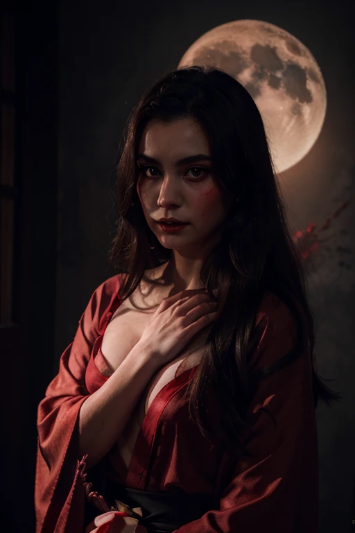 A beautifull girl vampir using a red dress with moon and blood effects and red kimono cutting the neck of a demon. Photo realistis, hyper realisme, hyper detail, soft colour, dark theme. 