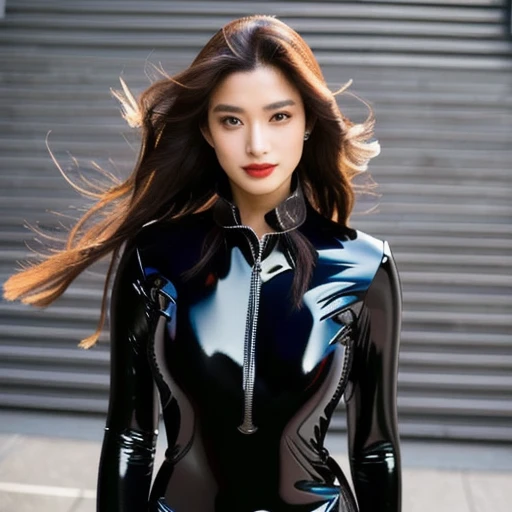 Aaraf in latex poses for a photo., ชุดสูทGlossy latexแบบไซเบอร์พังก์, Shiny, cutting-edge latex suit, Black latex suit, wearing Black latex outfit, Glossy latex, Wearing latex, Amorant as a superhero villain, wearing a black Tight dress, Wearing Atsuko Kud...