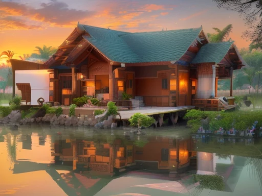 there is a house that is sitting on the shore of the water, building along a river, with a fishpond and courtyard, front side view, frontview, exterior view, beautiful image, front-view, front view, village house, lake house, thai architecture, houses on s...