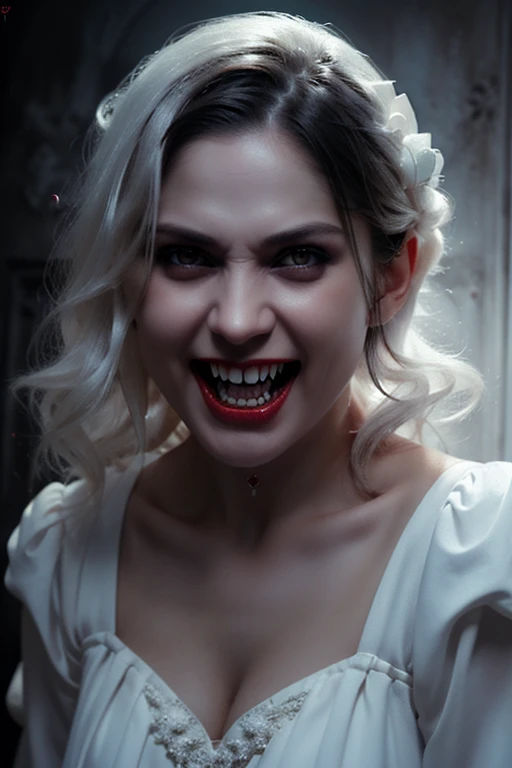 A beautifull girl vampir using a white dress with moon and smiley tooth fangs bloody effects in mouth and white dress cutting the neck of a demon. Photo realistis, hyper realisme, hyper detail, soft colour, dark theme. 