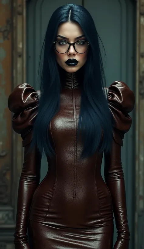 Women, latex, dominatrix, Gothic, long dark brown latex dress, dark brown latex puff sleeves, dark brown latex closed collar, wicked severe face, consider evil, thin glasses, dark brown shiny mouth, dark blue straight back hair. Fond Gothic.