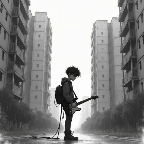 sad guy stands on 9-story panel houses around it is cloudy and autumn and golden trees guy behind electric guitar everything is shining from the rain doomer russia 3d pixar cartoon graphic motion cover album 1-1 all this is drawn in black and white pencil ...