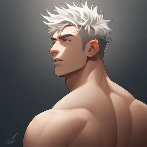 1boy, male focus, topless, sidepec, muscular male, muscular, bara, upper torso body, solo, looking beside, little short hair, messy hair, more spikey hair, white hair, mostly straight backward hair, gray eyes, parted lips, white background, simple backgrou...