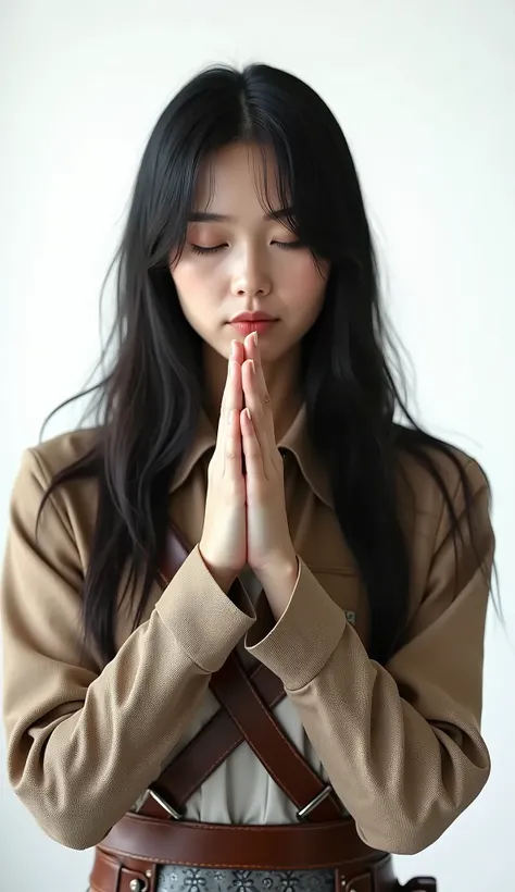 live-action、Real、A very beautiful Japanese woman wearing an Attack on Titan costume praying with her hands together、White background、
