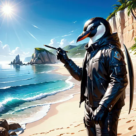 Crystal Coastlines

Closeup, Depict an extremely badass penguin wearing an insanely cool black leather biker jacket open, black leather biker gloves, black leather biker pants at a dazzling coastline where waters are crystal clear and sands shimmer like di...