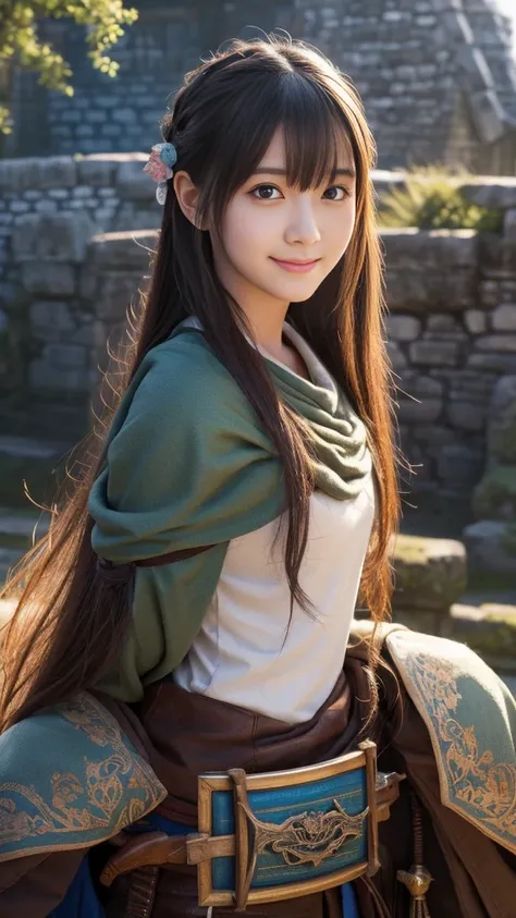 a 20 years old japanese girl,detailed cutie face, beautiful detailed eyes, detailed dropped eyes, left and right eyes are equal,beautiful charming big smile, extremely detailed face,slender body,dragonquest sage,fantasy,medieval,magic,medieval fantasy,fant...