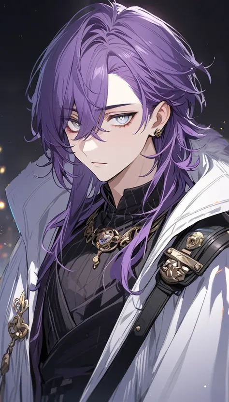 solo, High resolution, Purple Hair, Hair in the eyes, White Eyes, male, accessories, 