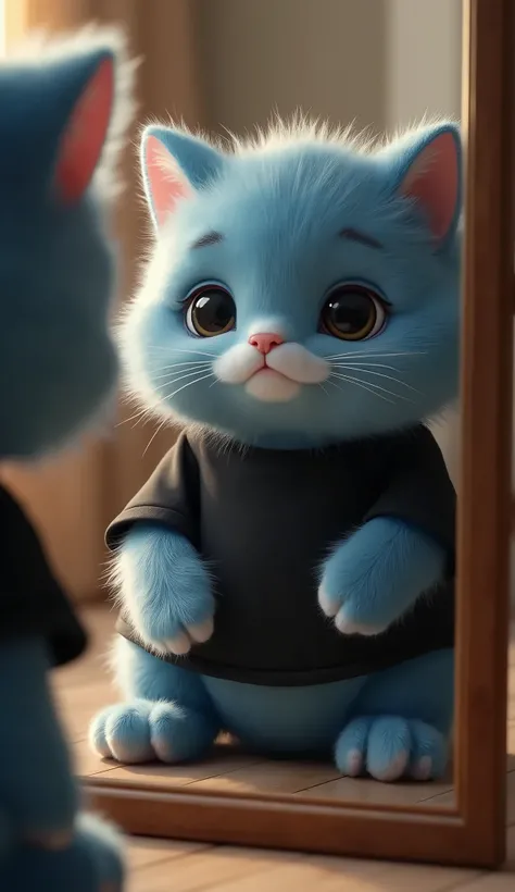 make a image shot with Canon EOS R5 use Sigma 50mm f/1.4 DG HSM lens, UHD, 8K, Unreal engine 5, Film Stok, hyper-detailed about :
In the room, Kiko, a fat, cute, fluffy anthropomorphic blue kitten wearing a black T-shirt, looks at the mirror and decides to...