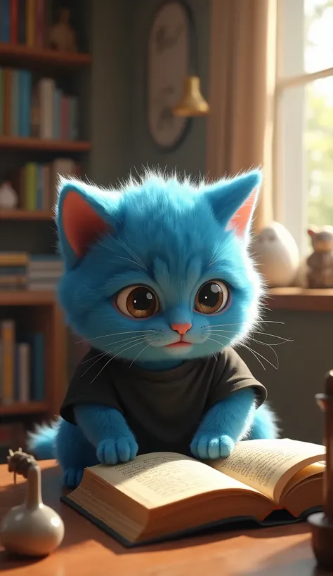 make a image shot with Canon EOS R5 use Sigma 50mm f/1.4 DG HSM lens, UHD, 8K, Unreal engine 5, Film Stok, hyper-detailed about :
In the room, Kiko, a fat, cute, fluffy, anthropomorphic blue kitten wearing a black t-shirt, took a book about martial arts fr...