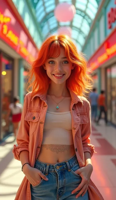 A beautiful 1 teenage girl with bright red hair, wearing a fashionable and trendy outfit, standing in a vibrant shopping mall. She has a cheerful, radiant smile, and the image is full of life with colorful surroundings, capturing the lively atmosphere of t...